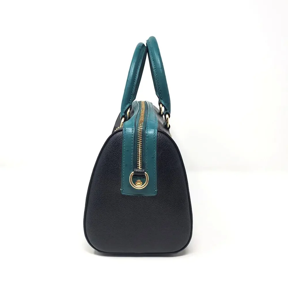 Coach Rowan Satchel Handbag Black Viridian Green Ostrich-Embossed Leather F88033